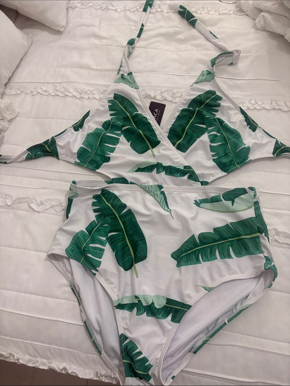 Tropical Green Leaf High-Waist One-Piece Swimsuit